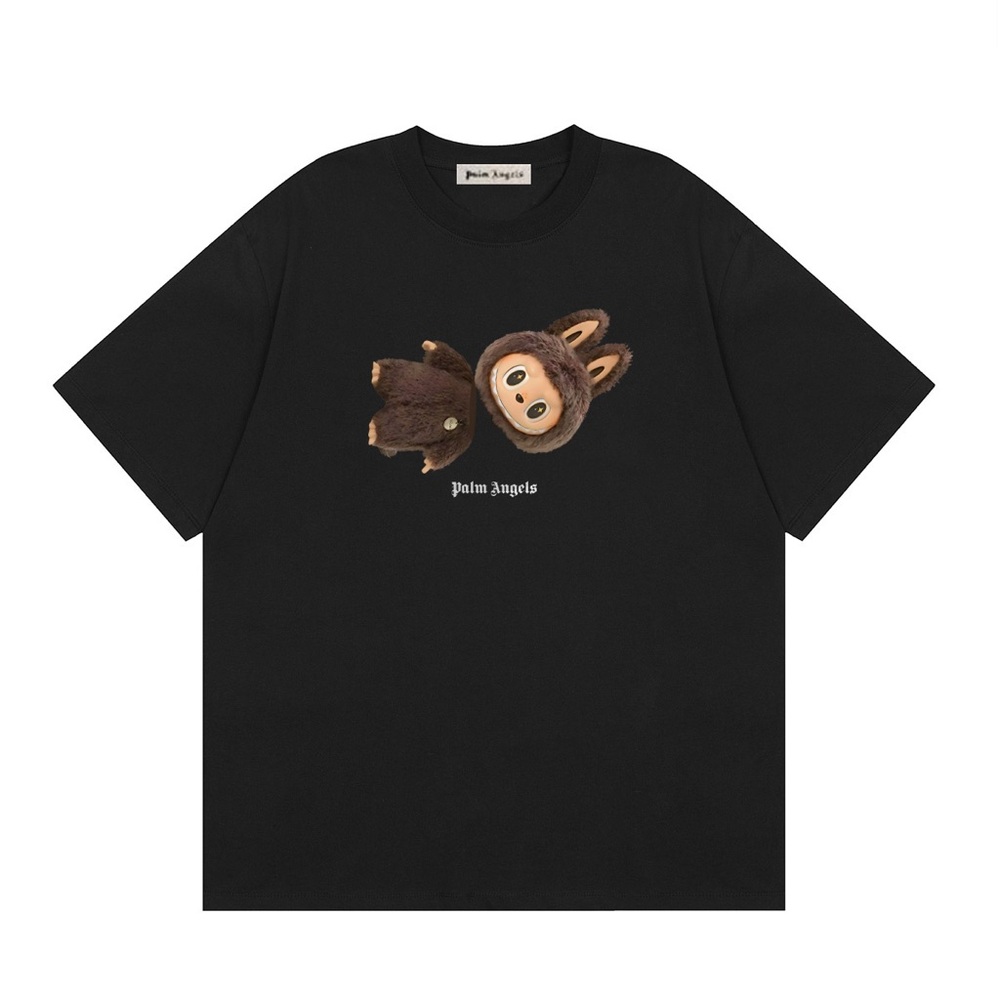 Palm Angels Black and White Short Sleeve Tees with Bear Motif